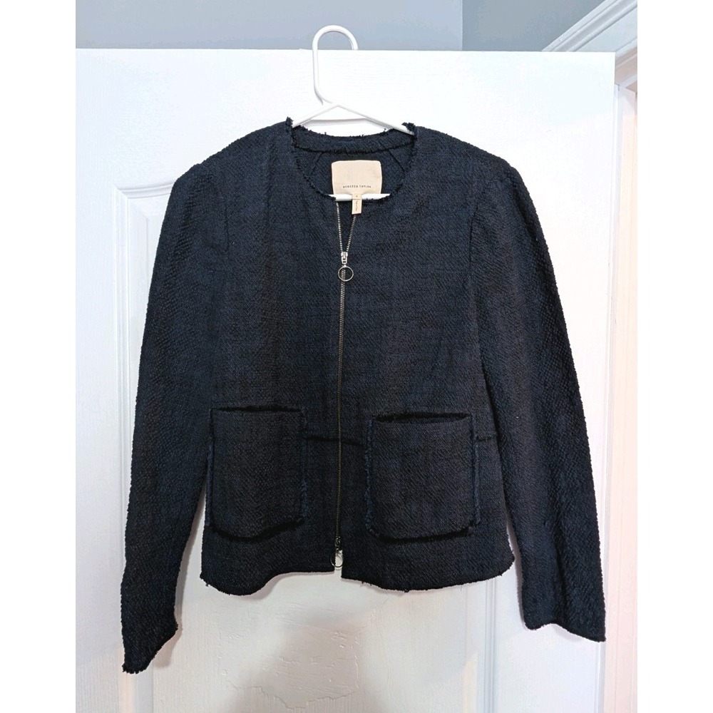 Women's Navy Blazer, Rebecca Taylor Charcoal, Size 4, Full Zipper and Fringe